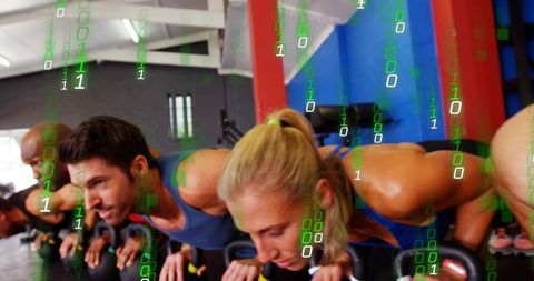 Group performing kettlebell push-ups with digital binary overlay for functional fitness