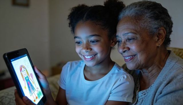 Smiling grandmother and granddaughter sharing tablet glow viewing child drawing together