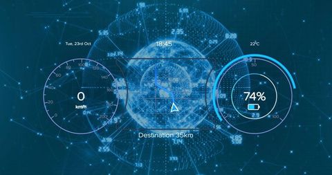 Futuristic holographic HUD displaying globe navigation, battery level and speedometer