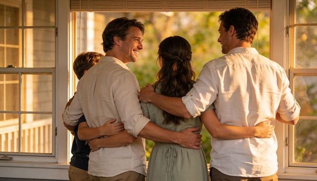 Sunlit family of four embracing at doorway during golden hour on porch, homecoming glow