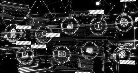 Futuristic digital interface with floating ui icons in virtual space