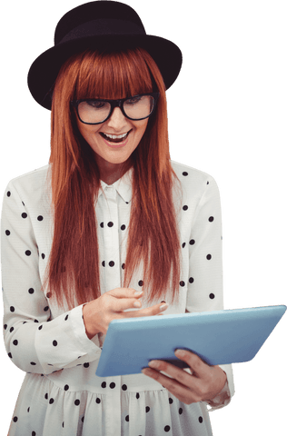 Hipster Woman Using Tablet with Smiling Expression on Transparent Background