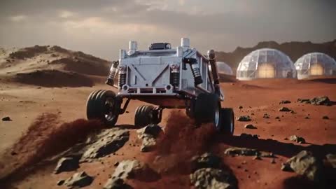 Mars Rover Prototype Accelerating Across Red Terrain Toward Geodesic Habitat Domes
