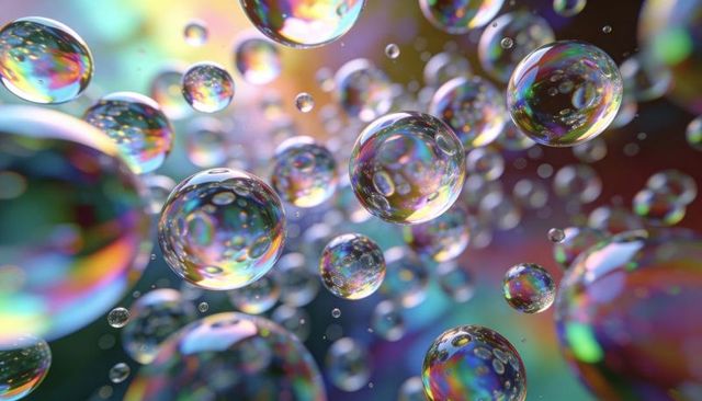 Floating iridescent soap bubbles with rainbow reflections, translucent orbs, macro bokeh