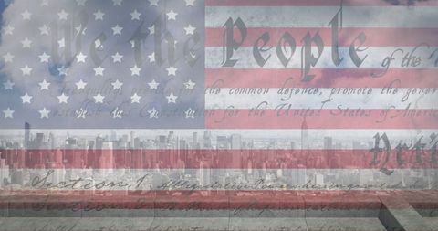 American Flag and Constitution Overlay on Urban Skyline