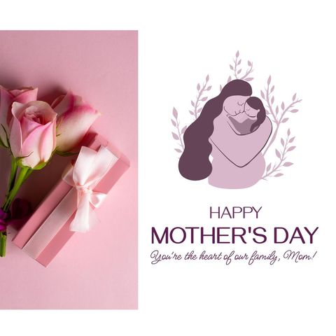 Mother’s Day Greeting Card with Roses and Gift on Pink Background