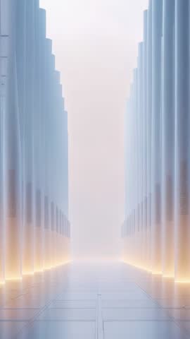 Vertical futuristic corridor featuring glowing columns and mist for high-tech sci-fi video