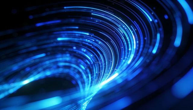 Swirling neon blue light vortex, glowing trails and particle stream for tech background