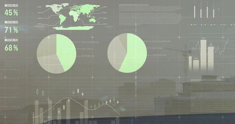 Displaying translucent HUD dashboard on glass wall with world map pie charts, city skyline