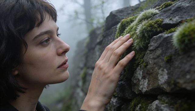 Young woman gently touching moss on low stone wall in misty woodland, contemplative mood