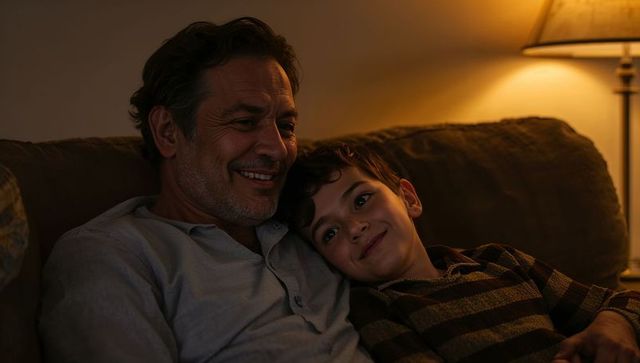 Middle-aged father and son cuddling on couch, smiling and relaxing under warm lamp light