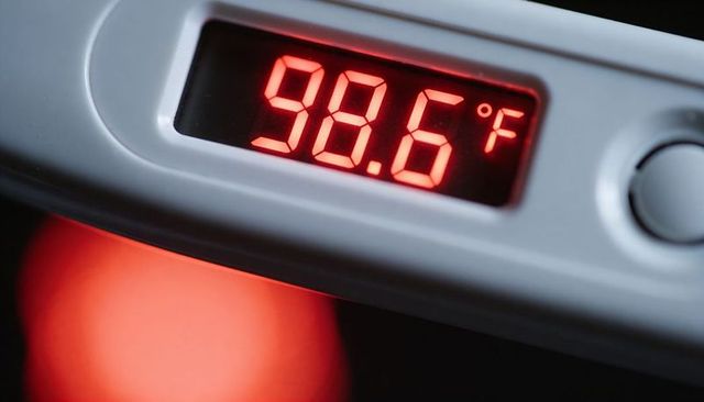 Close-up digital thermometer reading 98.6°f red led clinical fever indicator macro display