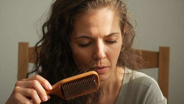 Concerned woman examining hairbrush with loose strands coping with hair loss at home