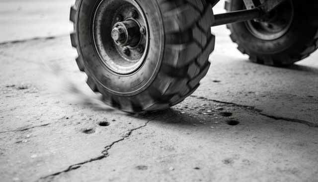 Rolling heavy-duty wheel crossing cracked concrete monochrome motion rugged tread