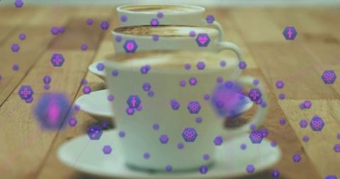 Augmented reality coffee scene featuring three cups on wooden table with purple icons