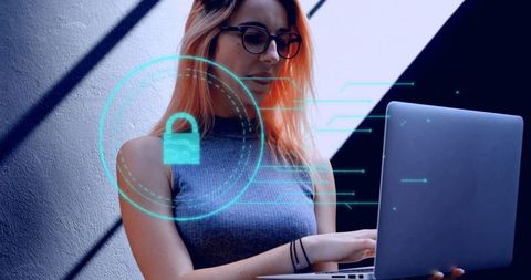 Woman Embracing Cybersecurity Technology with Laptop