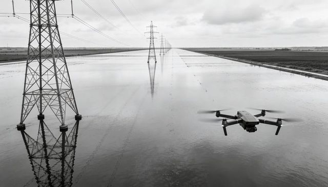 Hovering drone inspecting flooded irrigation canal with mirrored power pylons in monochrome