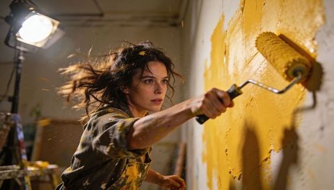 Determined artist painting textured yellow wall with roller during bold studio renovation