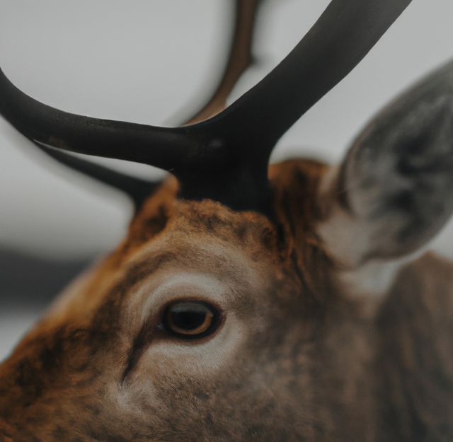 Close-up view of a deer's face featuring detailed antlers and soft fur. Suitable for nature magazines, wildlife documentaries, educational materials on animals, and websites related to wildlife conservation. Can be used to highlight the beauty and detail of wildlife for promotional campaigns in eco-tourism.
