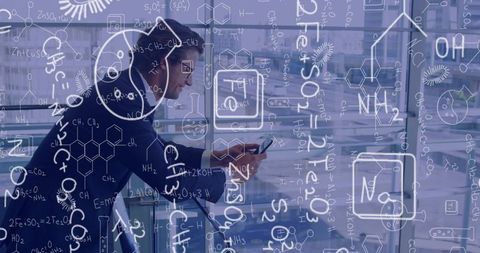 Leaning executive checking smartphone with chemistry formulas and futuristic digital overlays
