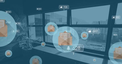 Digital social media interactions overlayed on modern office interior