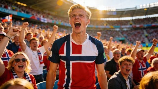 Norwegian fan cheering in stadium wearing norway flag jersey, energetic crowd