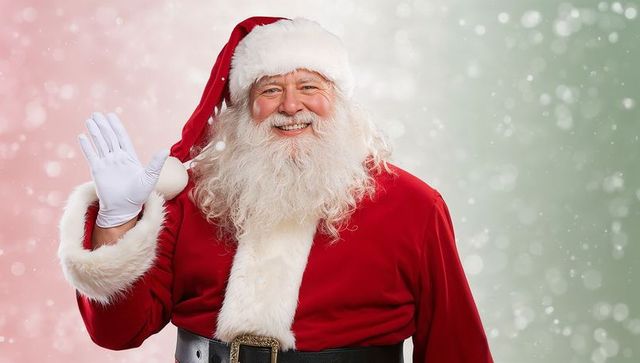 Smiling Santa Claus Waving in Festive Snowy Background