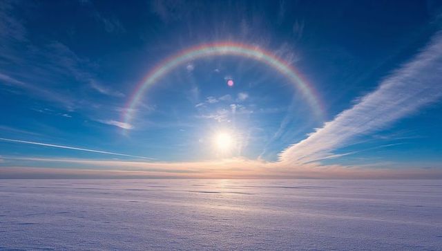 Shining sun casting rainbow halo over arctic ice plain at sunrise reflecting pastel sky