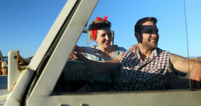 Happy Couple Enjoying Road Trip in Vintage Car on Sunny Day - Download Free Stock Images Pikwizard.com