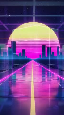 Neon Synthwave Highway Leading Into Pulsing Sun Over Cyber City Skyline - Vertical Cinematic Loop