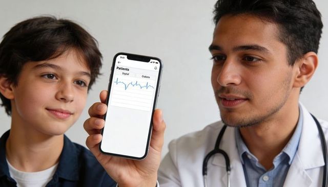 Doctor showing smartphone ecg to teen patient in clinic telemedicine heart monitoring