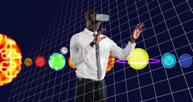 Image of businessman wearing vr headset over equations and solar system - Download Free Stock Photos Pikwizard.com