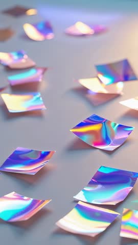Vertical video tilting holographic foil squares fluttering across desk revealing rainbow iridescence