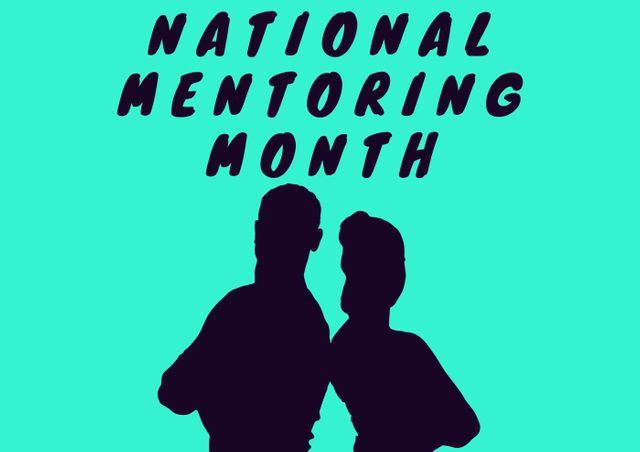 Vector image of national mentoring text with silhouette mentors against green background, copy space. national mentoring month, advice, vector and guidance concept.