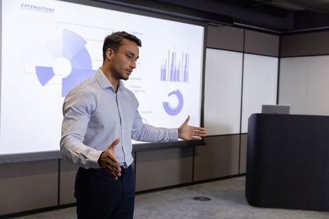 Professional presentation of business analytics in modern conference room