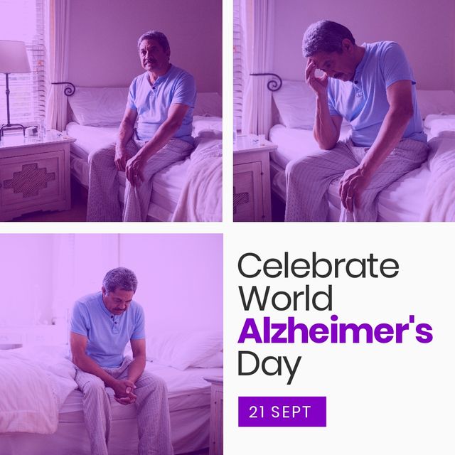 Biracial sad senior man sitting on bed and celebrate world alzheimer's day with 21 sept text. Collage, digital composite, stress, copy space, purple, disease, healthcare, awareness and campaign.