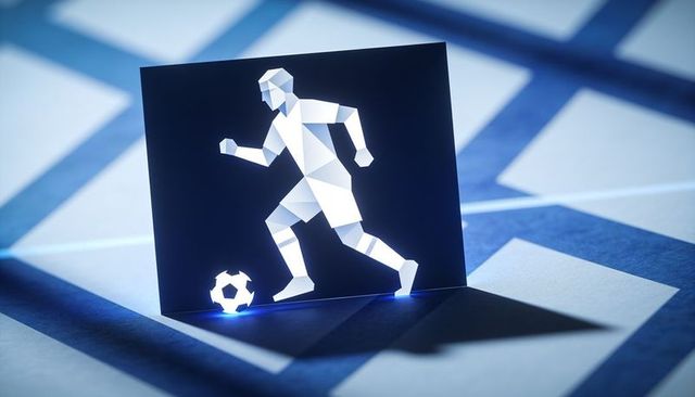 Low-poly soccer player silhouette glowing on black card futuristic polygonal sports icon