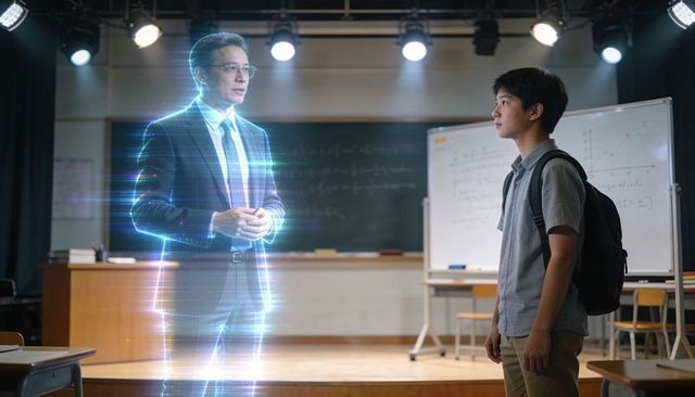Holographic teacher addressing teen student in futuristic classroom with whiteboard