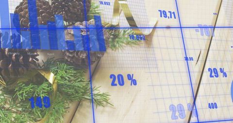 Holiday analytics overlay with pine cones, evergreen sprigs and gold ribbon on wood