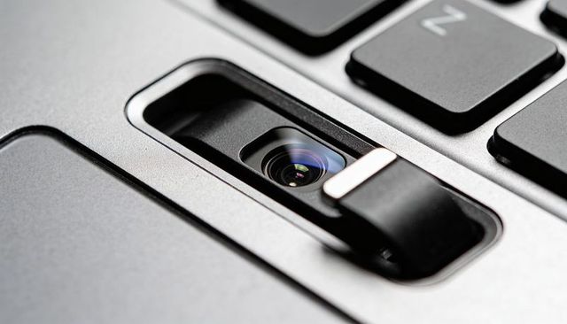 Laptop webcam revealing sliding privacy shutter and multicoated lens close-up macro detail