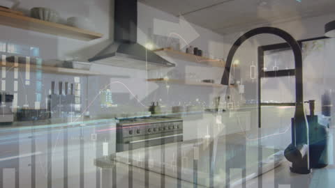 Futuristic Data Visualization Over Modern Kitchen and Cityscape
