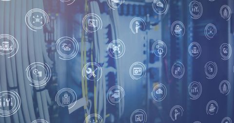 digital network technology with overlayed icons on data center background - Download Free Stock Images Pikwizard.com