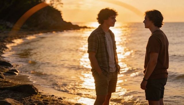 Two young men talking on rocky beach at golden hour sunset facing each other