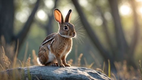 Wild cottontail rabbit perching on rock in forest clearing