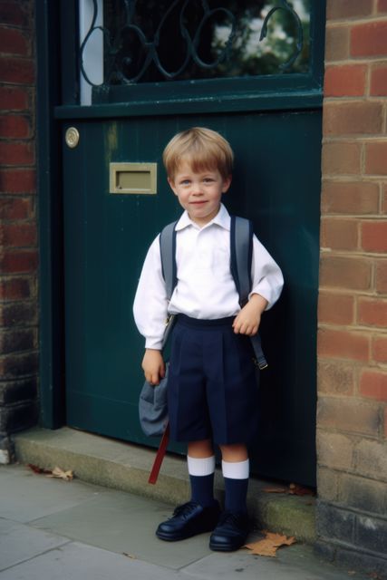 Portrait of caucasian schoolboy by front door, created using generative ai technology. First day of school, learning and education concept digitally generated image.