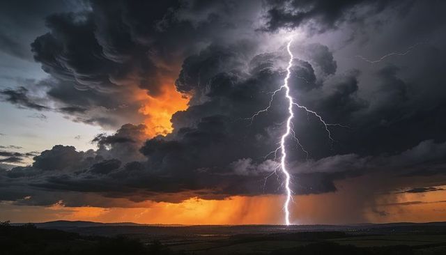 Lightning striking over farmland at sunset under dark cumulonimbus with fiery backlight
