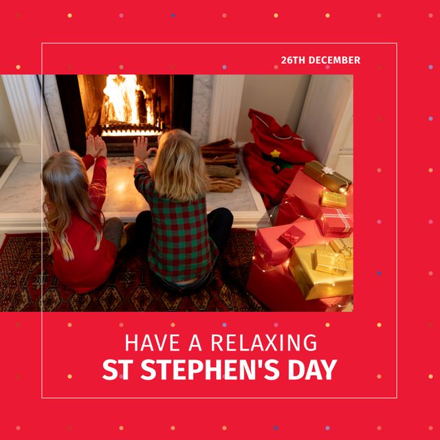 Scene of children enjoying warmth by a fireplace creates a festive and heartwarming atmosphere. Suitable for use in holiday blog posts, family Christmas traditions, Boxing Day promotions, and relaxing winter retreat-themed content.