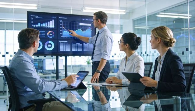 Corporate team analyzing interactive dashboard during strategy presentation in modern boardroom