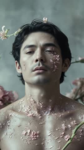 Shirtless man with petals settling on skin and branches swaying | Meditative botanical vertical vide