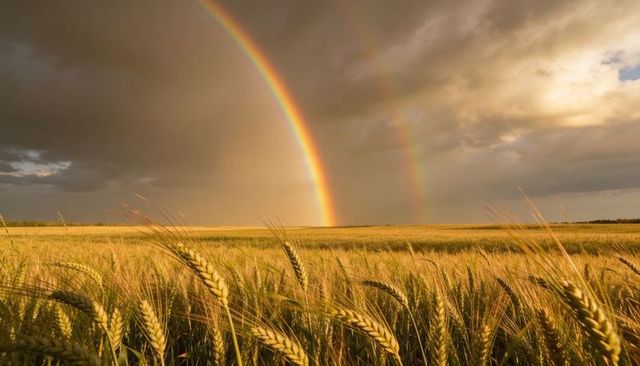 Golden Wheat Field Under Dramatic Storm Clouds with Vivid Double Rainbow at Sunset